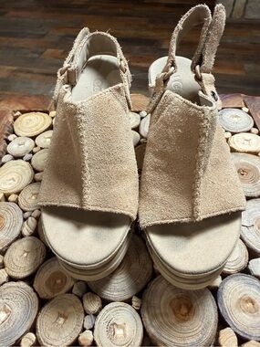 UGG Beige Suede Slingback Platform Wedge Sandals